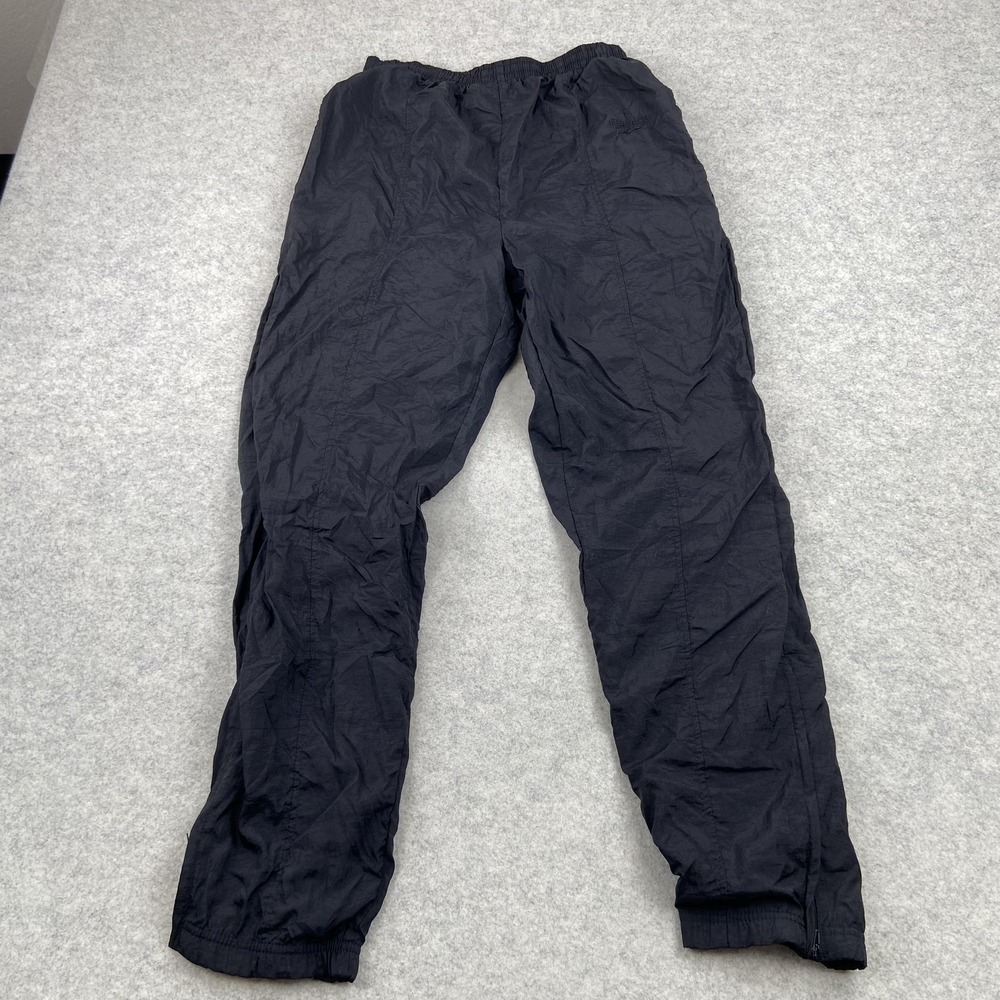 Vintage Reebok Pants Mens Medium (26x28) Black Nylon Track Lined Zip Hem Elastic